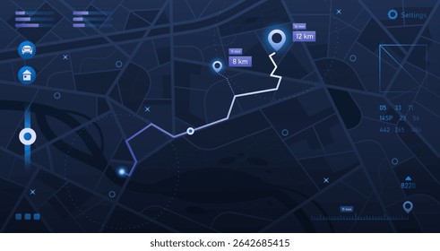 Map navigation interface. Mobile app dashboard with city map and street plan, location tracking, route GPS navigation and statistics. Vector roadmap tracker concept.
