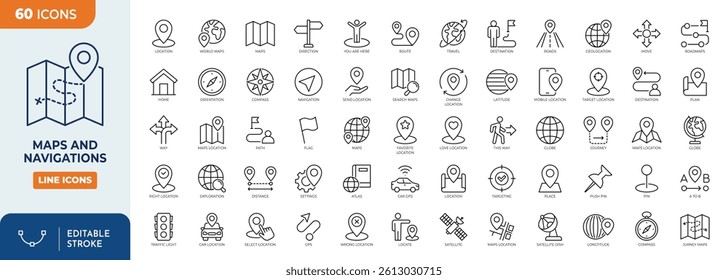 Map and navigation line editable icon set. Containing maps, location, navigation, direction, GPS, flag, destination, route, road and more. vector illustration