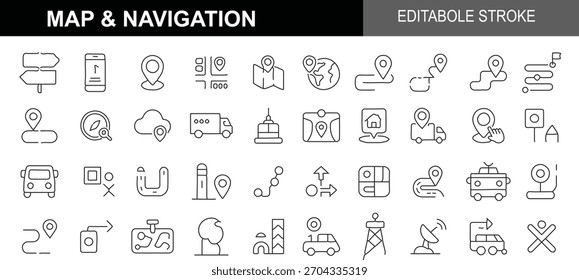 Conjunto de iconos de mapa y línea de navegación. Trazo Editable. Contiene símbolos para la Locación GPS, planificación de rutas, camión de entrega, seguimiento móvil, señales de dirección, viajes y Transporte.