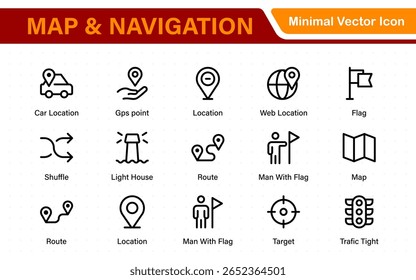 Map Navigation Line Icons vector. symbol of map location, Route, road trip, and icons.Location pin icons set. Modern marker collection. Pinpoint. Map place marker. pointer GPS location symbol.