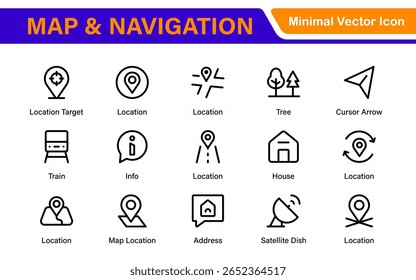 Map Navigation Line Icons vector. symbol of map location, Route, road trip, and icons.Location pin icons set. Modern marker collection. Pinpoint. Map place marker. pointer GPS location symbol.