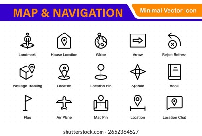 Map Navigation Line Icons vector. symbol of map location, Route, road trip, and icons.Location pin icons set. Modern marker collection. Pinpoint. Map place marker. pointer GPS location symbol.