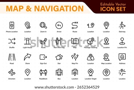 Map Navigation Line Icons vector. symbol of map location, Route, road trip, and icons.Location pin icons set. Modern marker collection. Pinpoint. Map place marker. pointer GPS location symbol.