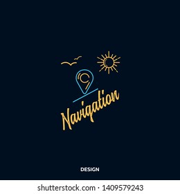 Map navigation logo, abstract icon of navigation travel, tourism. Summer, sun, beach. Linear style, with a flat logo on a dark background in yellow and blue colors for mobile applications, websites.