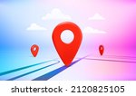 Map navigation red pointer on the road in perspective. Travel destination concept. Vector 3d illustration

