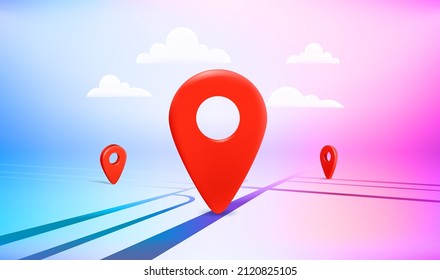 Map navigation red pointer on the road in perspective. Travel destination concept. Vector 3d illustration

