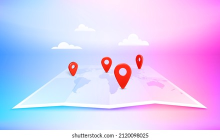 Map navigation red pointers on the road in perspective. Travel destination concept. Vector 3d illustration
