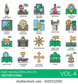 Map, navigation, route icons. Favorite destination, point of interest, roadwork, lighthouse, billboard, gps navigator, paper map, nautical wheel, work, road ramp, toll, marker, airport, flag vector. 