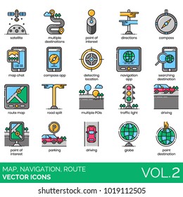 Map, navigation, route icons. Satellite, point of interest, direction, compass, map chat, detect location, traffic light, route map, parking, driving, globe, gps navigator vector illustration.