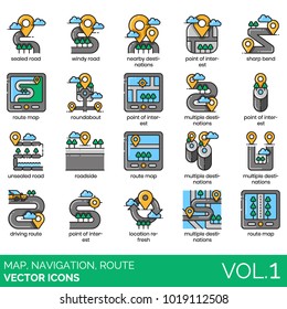 Map, Navigation, Route Icons. Sealed, Unsealed, Windy Road, Nearby, Sharp Bend, Point Of Interest, Route Map, Roundabout, Driving Route, Location Refresh, Multiple Destinations Vector Illustration.