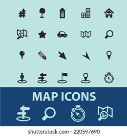 map, navigation, route icons, signs, illustrations, silhouettes set, vector on blue background