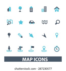 map, navigation, route icons, signs, illustrations set, vector