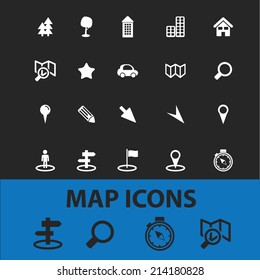 map, navigation, route isolated icons, signs, vectors, illustrations, silhouettes set, vector