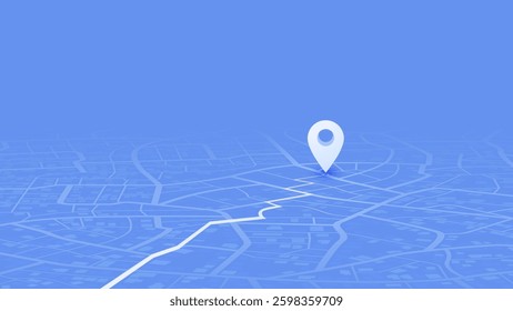 Map navigation. Route planning, location tracking. Abstract city map with GPS pin. Perspective cityscape navigation. Urban streets with marked path. Vector illustration
