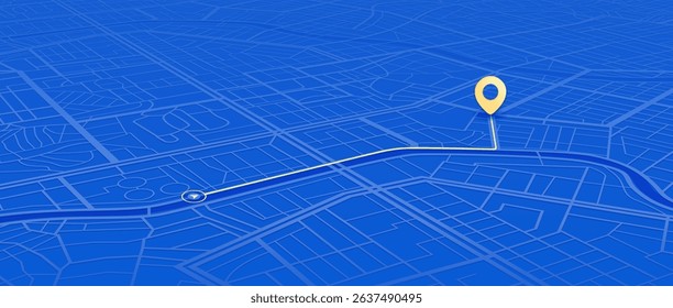 Map navigation. Route planning, Location tracking geolocation. Abstract city map with GPS pin. Isometric cityscape navigation. Urban streets with marked path. Vector illustration