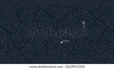Map navigation. Route planning, Location tracking geolocation. Abstract city map with GPS pin. Urban streets with marked path. Vector illustration