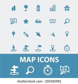 map, navigation, route, road icons, signs, symbols set, vector