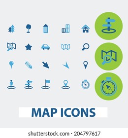 map, navigation, route vector set of colorful flat icons, signs, design elements for mobile and web applications.