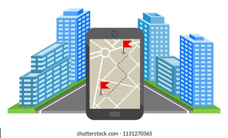 Map navigation, smartphone map application and red pinpoint on screen - Vector