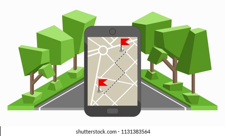 Map navigation, smartphone map application and red pinpoint on screen - Vector