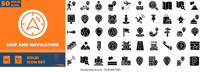 Map And Navigation Solid Editable Icons set. Vector illustration in modern thin solid style of map and navigation icons: map pin, gps, destination, directions, distance, etc