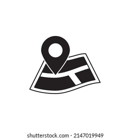 Map navigation travel icon in black flat glyph, filled style isolated on white background