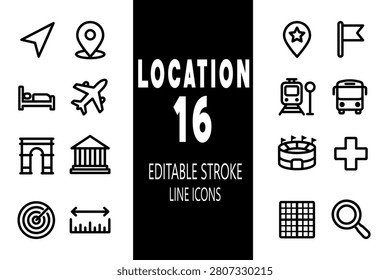 Map navigation, travel transit, and point of interest location icon set featuring 16 minimalist vector line icons with editable stroke paths, designed as clean black outline symbols on a solid white background. This highly commercial collection focuses on tourism mapping, city landmarks, and geographic navigation tracking, featuring essential symbols such as a delta arrowhead navigation pointer, a layered destination map pin, a hotel bed for lodging, a commercial passenger airplane, an architectural triumphal arch monument, a classic columned museum or government building, a radar target bullseye, a measuring ruler distance scale with double arrows, a map pin containing a star favor, a destination flag marker, a subway train station railway unit, a public city transit bus, a sports stadium arena with flags, a medical healthcare cross symbol, a square mapping coordinate grid lattice, and a search magnifying glass lens, perfect for travel planner apps, public transit navigation systems, hotel booking interfaces, and city guide infographics.