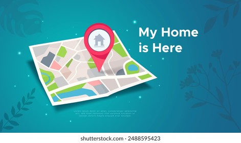 Map navigation vector illustration with folded style and red pin showing my home location point. Conveying a message about my home is here. travel route design. Folded map navigation