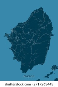 Map of Naxos Island, Greece, is presented in a teal and dark teal color scheme. The island's shape is clearly defined, with intricate details showing roads and geographical features in a lighter teal.