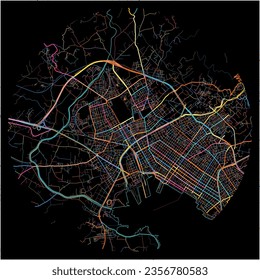 Map of NeaIonia, Thessaly with all major and minor roads, railways and waterways. Colorful line art on black background.