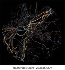 Map of Neath, Neath Port Talbot with all major and minor roads, railways and waterways. Colorful line art on black background.