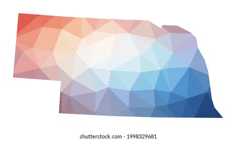 Map of Nebraska. Low poly illustration of the us state. Geometric design with stripes. Technology, internet, network concept. Vector illustration.