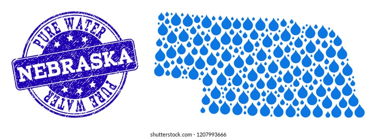 Map Of Nebraska State Vector Mosaic And Pure Water Grunge Stamp. Map Of Nebraska State Designed With Blue Water Tears. Seal With Grunge Rubber Texture For Pure Drinking Water.