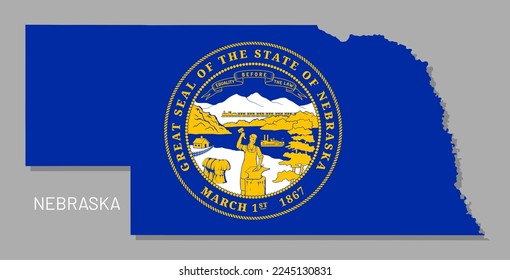 Map of Nebraska USA federal state with flag inside. Highly detailed map of Nebraska American state territory borders in blue federal flag color vector illustration