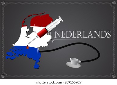 Map of Nederlands with Stethoscope and syringe.