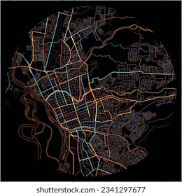 Map of Neiva with all major and minor roads, railways and waterways. Colorful line art on black background.