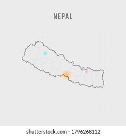 Map of Nepal with all states and radar spot on map. Each city has separately for your design. Vector Illustration