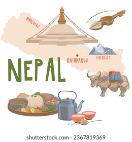 Map of Nepal with attractions. Traditional dishes, food products, Buddhist household items. Boudhanath, a yak with a load. Vector illustration for the design of travel brochures, tourist maps.