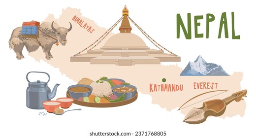 Map of Nepal with attractions. Traditional dishes, food products, Buddhist household items. Boudhanath, a yak with a load. Vector illustration for the design of travel brochures, tourist maps.