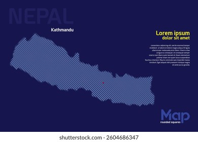 Map of Nepal featuring rounded squares with light blue color. The location of the capital marked with a red square. Isolated on a dark blue background. Perfect for various design projects