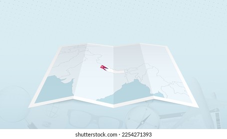 Mapa de Nepal con la bandera de Nepal en el contorno del mapa en un contexto abstracto de viaje. Ilustración de viaje.