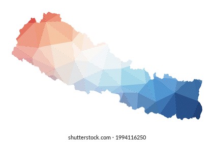 Karte von Nepal. Low-Poly-Illustration des Landes. Geometrisches Design mit Streifen. Technologie, Internet, Netzkonzept. Vektorgrafik.