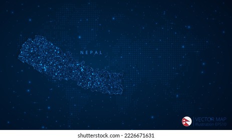 Map of Nepal modern design with polygonal shapes on dark blue background. Business wireframe mesh spheres from flying debris. Blue structure style vector illustration concept.