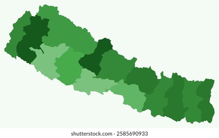 Map of Nepal with regions. Just a simple country border map with region division. Green color palette. Plain Nepal shape with administrative division. Vector illustration.