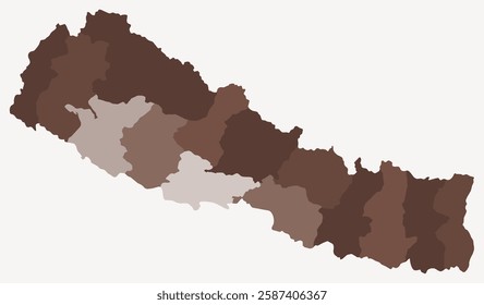 Map of Nepal with regions. Just a simple country border map with region division. Brown color palette. Blank Nepal shape with administrative division. Vector illustration.