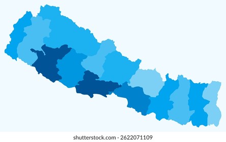 Map of Nepal with regions. Just a simple country border map with region division. Light blue color palette. Blank Nepal shape with administrative division. Vector illustration.
