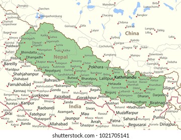 Map of Nepal. Shows country borders, urban areas, place names and roads. Labels in English where possible.Projection: Mercator.