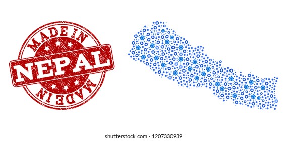 Map of Nepal vector mosaic and Made In grunge stamp. Map of Nepal formed with blue wheel links. Made in red seal with grunge rubber texture. Vector abstract mosaic of map of Nepal with repair symbols.