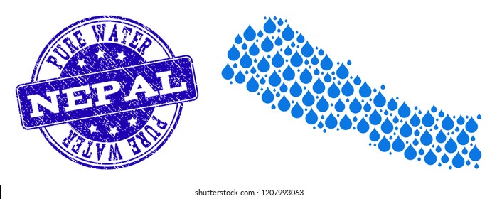 Map of Nepal vector mosaic and Pure Water grunge stamp. Map of Nepal formed with blue liquid dews. Seal with grunge rubber texture for pure drinking water.