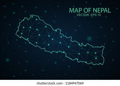 Map Nepal. Wire Frame 3D mesh polygonal network line, design sphere,Nepal map on dark background. Vector illustration eps 10.